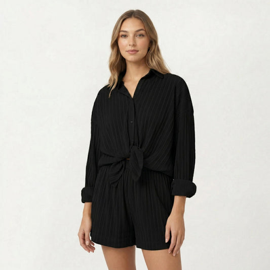 2-Piece Pajama Set Button Down Pajama Shirt and Shorts Long Sleeve Textured Stripe Printed