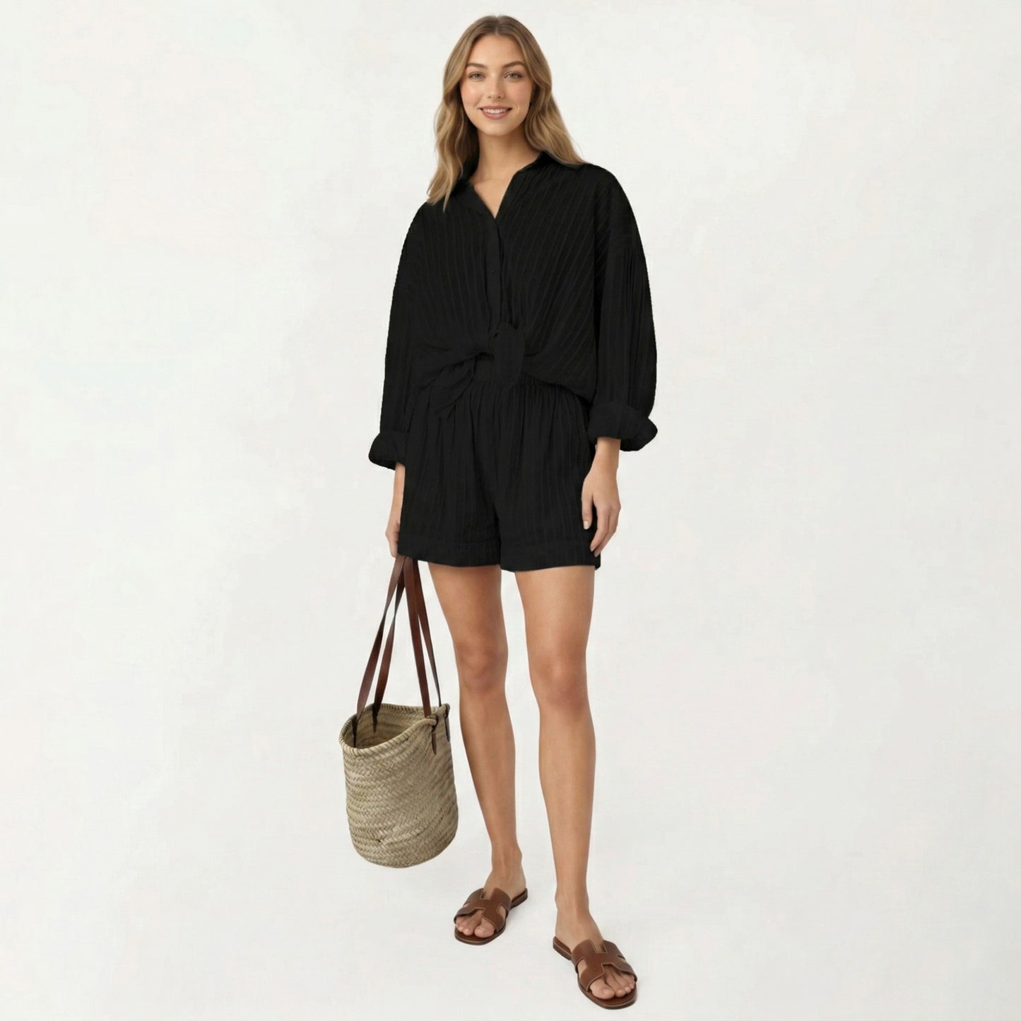 2-Piece Pajama Set Button Down Pajama Shirt and Shorts Long Sleeve Textured Stripe Printed