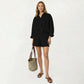 2-Piece Pajama Set Button Down Pajama Shirt and Shorts Long Sleeve Textured Stripe Printed