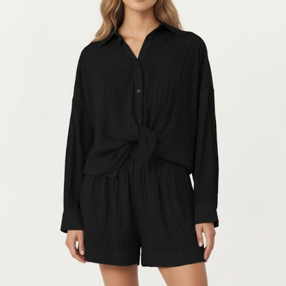 2-Piece Pajama Set Button Down Pajama Shirt and Shorts Long Sleeve Textured Stripe Printed