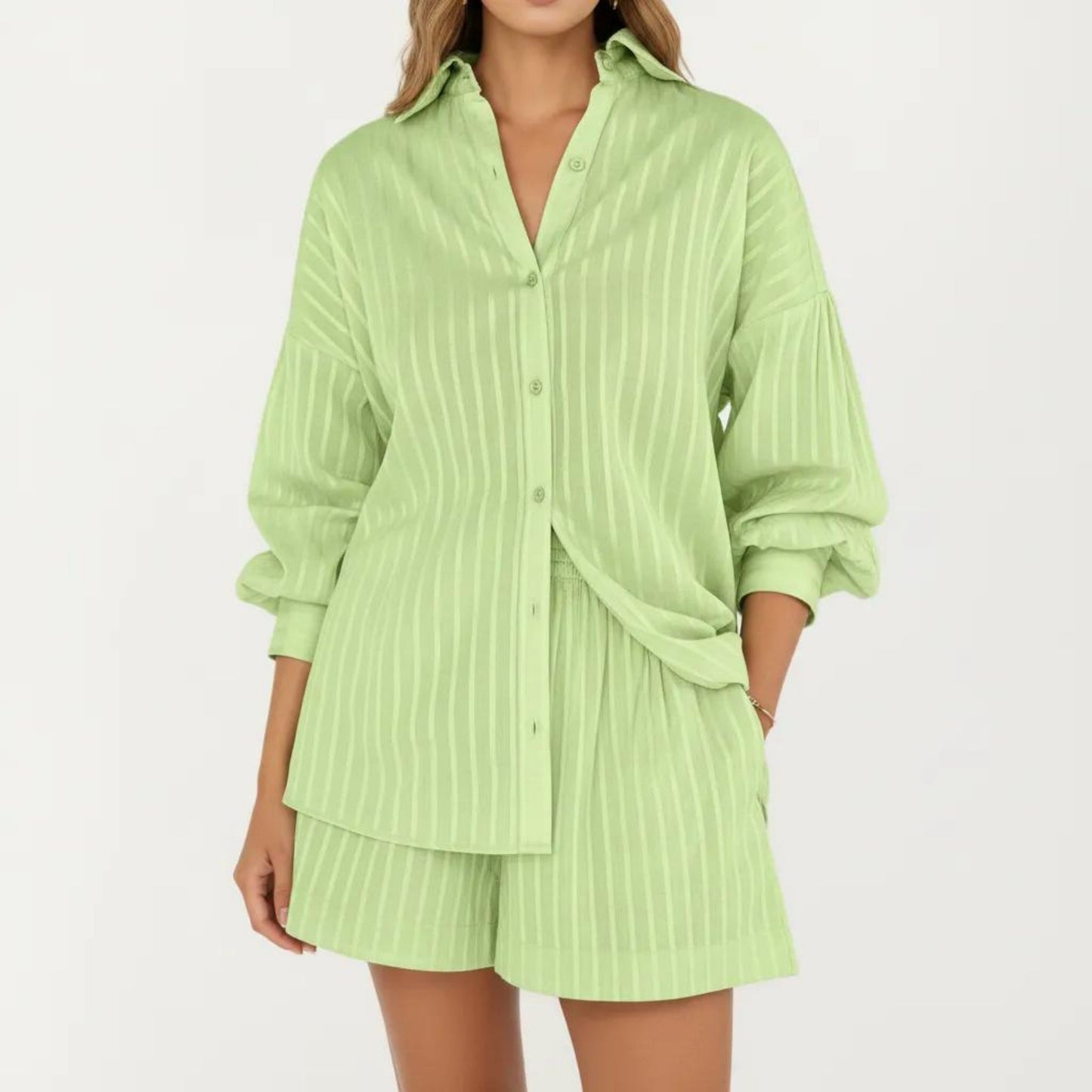2-Piece Pajama Set Button Down Pajama Shirt and Shorts Long Sleeve Textured Stripe Printed