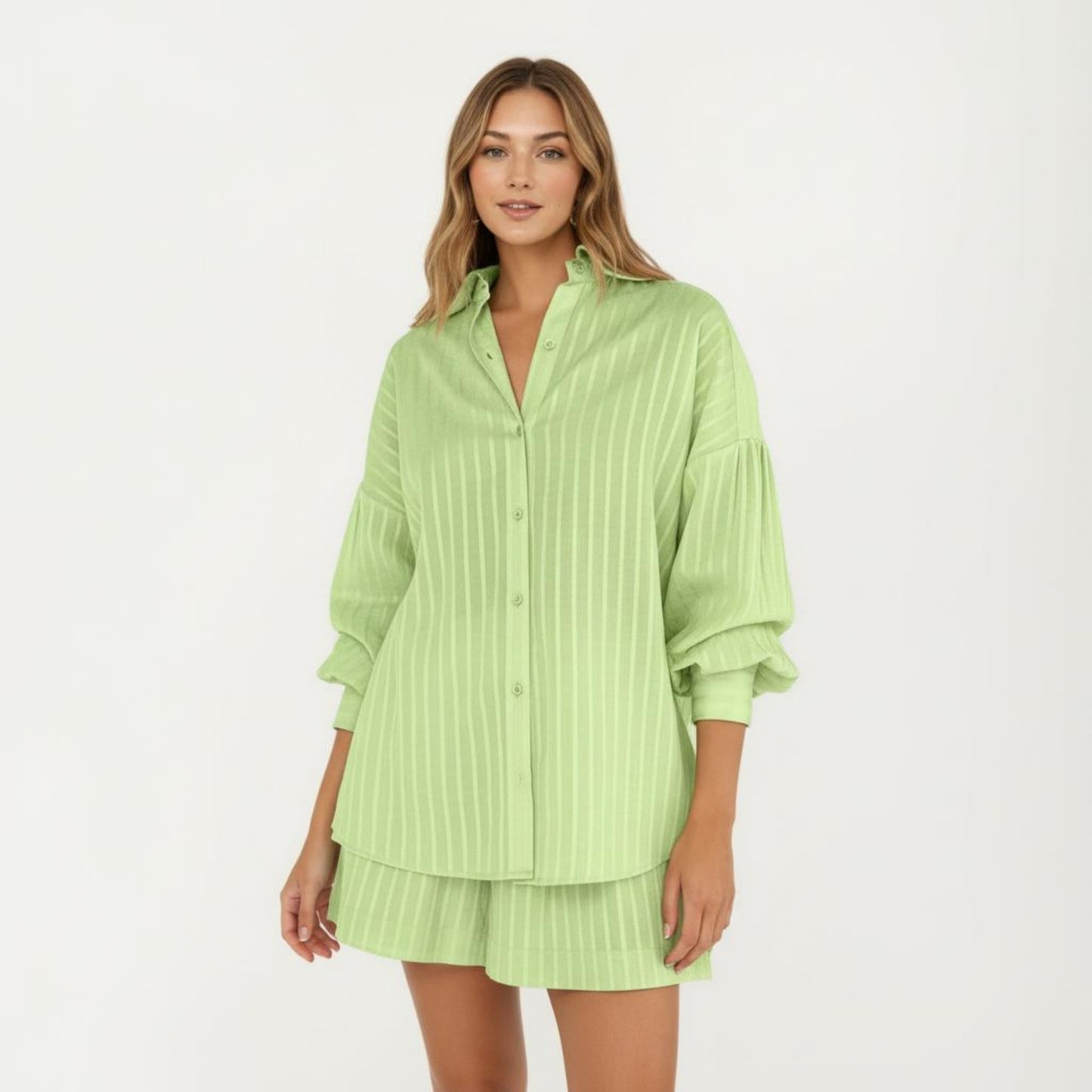 2-Piece Pajama Set Button Down Pajama Shirt and Shorts Long Sleeve Textured Stripe Printed