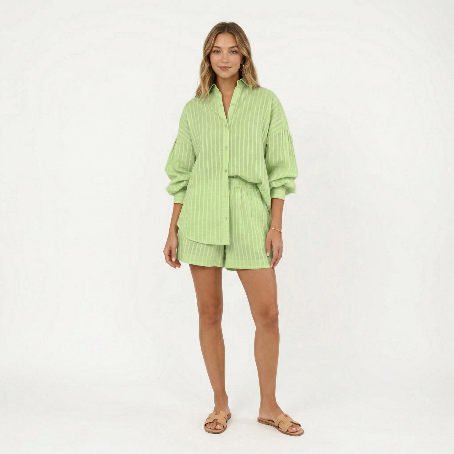 2-Piece Pajama Set Button Down Pajama Shirt and Shorts Long Sleeve Textured Stripe Printed