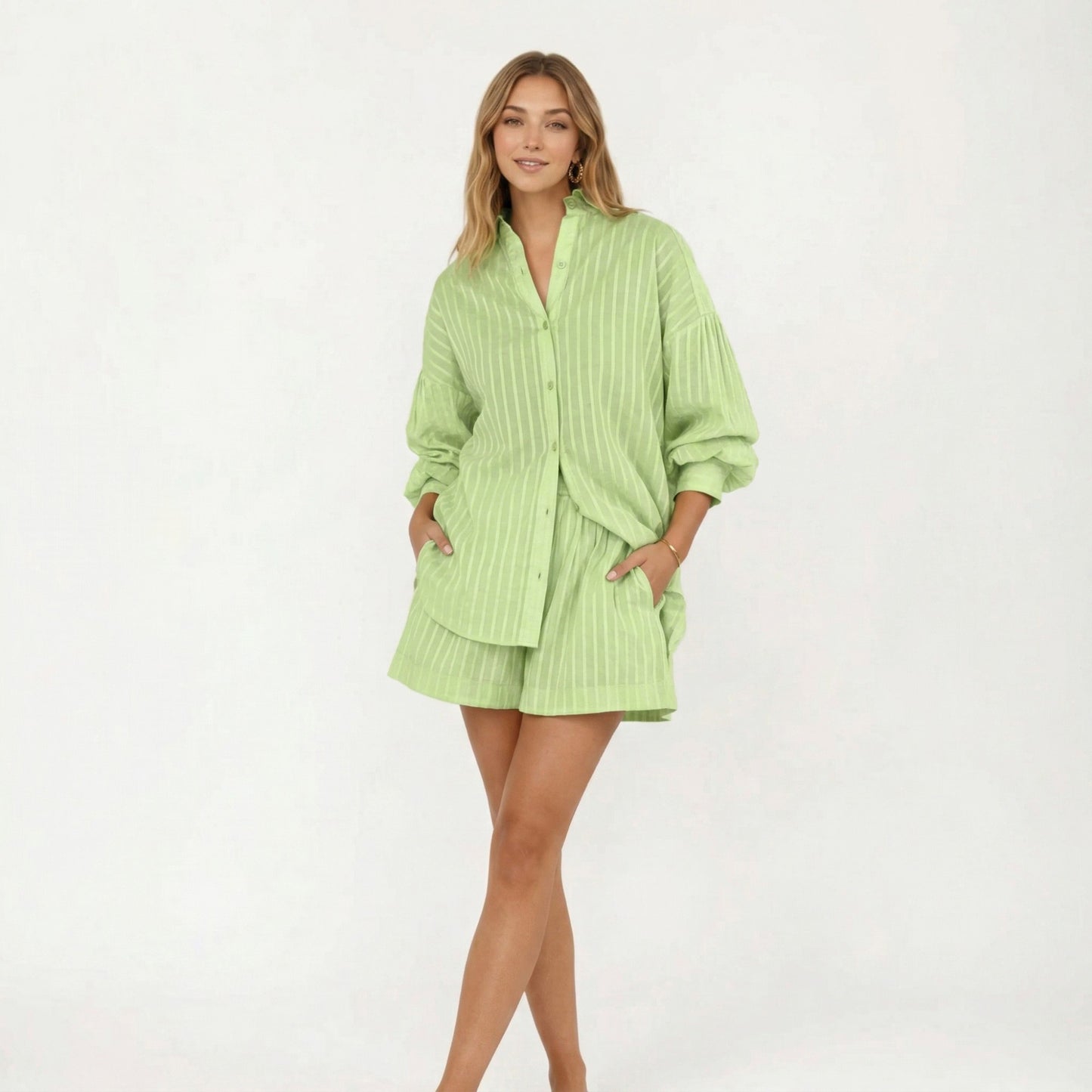2-Piece Pajama Set Button Down Pajama Shirt and Shorts Long Sleeve Textured Stripe Printed