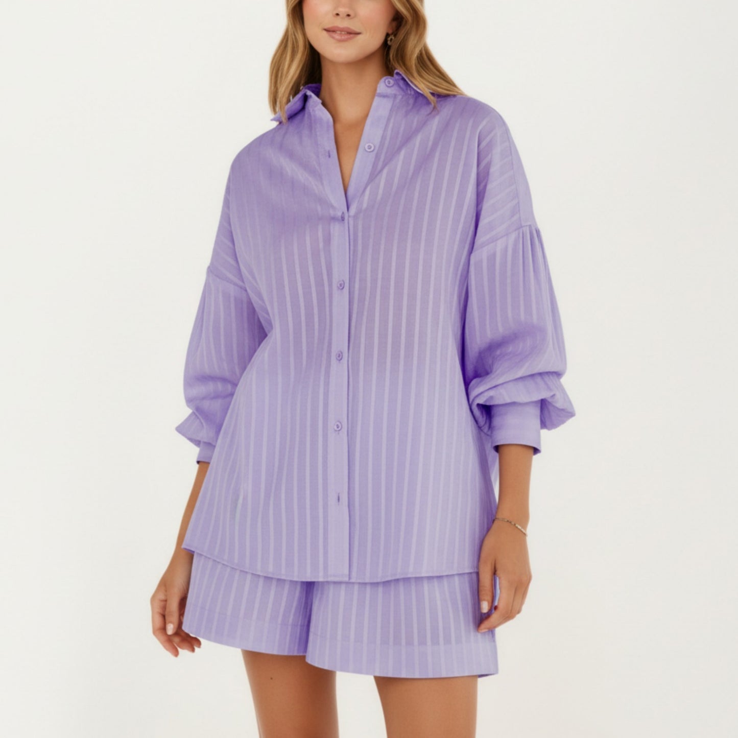 2-Piece Pajama Set Button Down Pajama Shirt and Shorts Long Sleeve Textured Stripe Printed