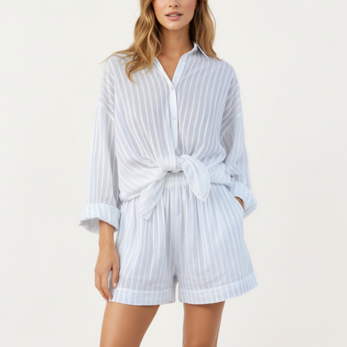 2-Piece Pajama Set Button Down Pajama Shirt and Shorts Long Sleeve Textured Stripe Printed