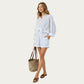 2-Piece Pajama Set Button Down Pajama Shirt and Shorts Long Sleeve Textured Stripe Printed