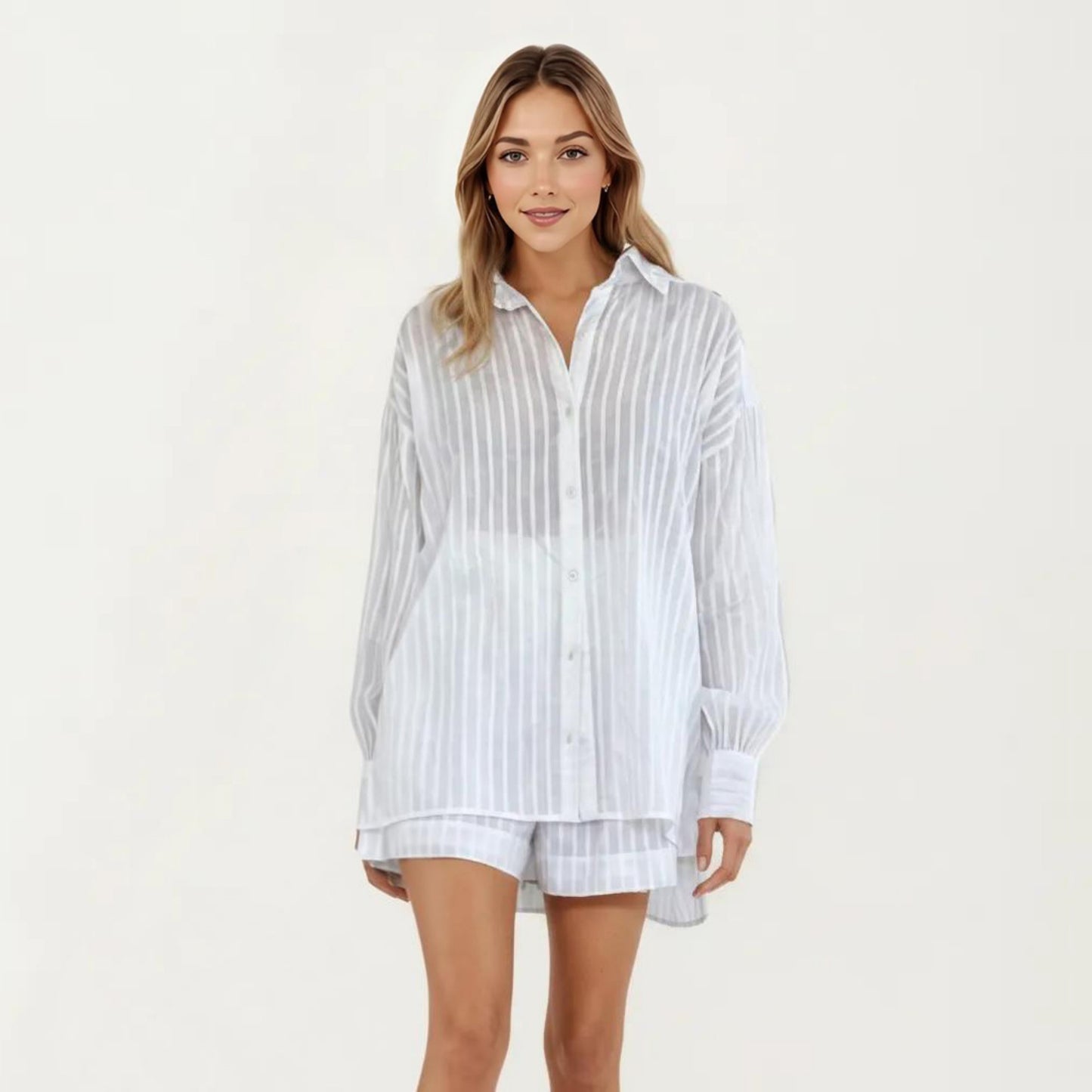 2-Piece Pajama Set Button Down Pajama Shirt and Shorts Long Sleeve Textured Stripe Printed