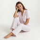 2-Pc Pajama Set Button Down Shirt and Pants Short Sleeve Textured Check Printed Ruffle Trim