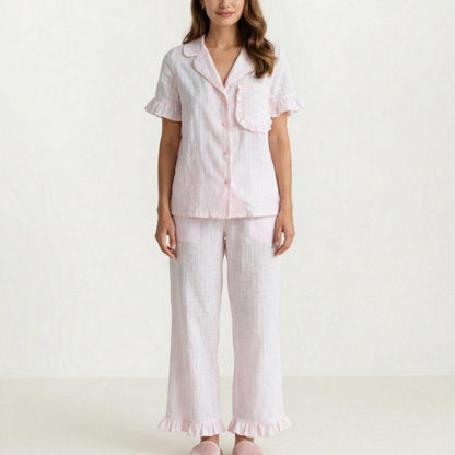 2-Pc Pajama Set Button Down Shirt and Pants Short Sleeve Textured Check Printed Ruffle Trim