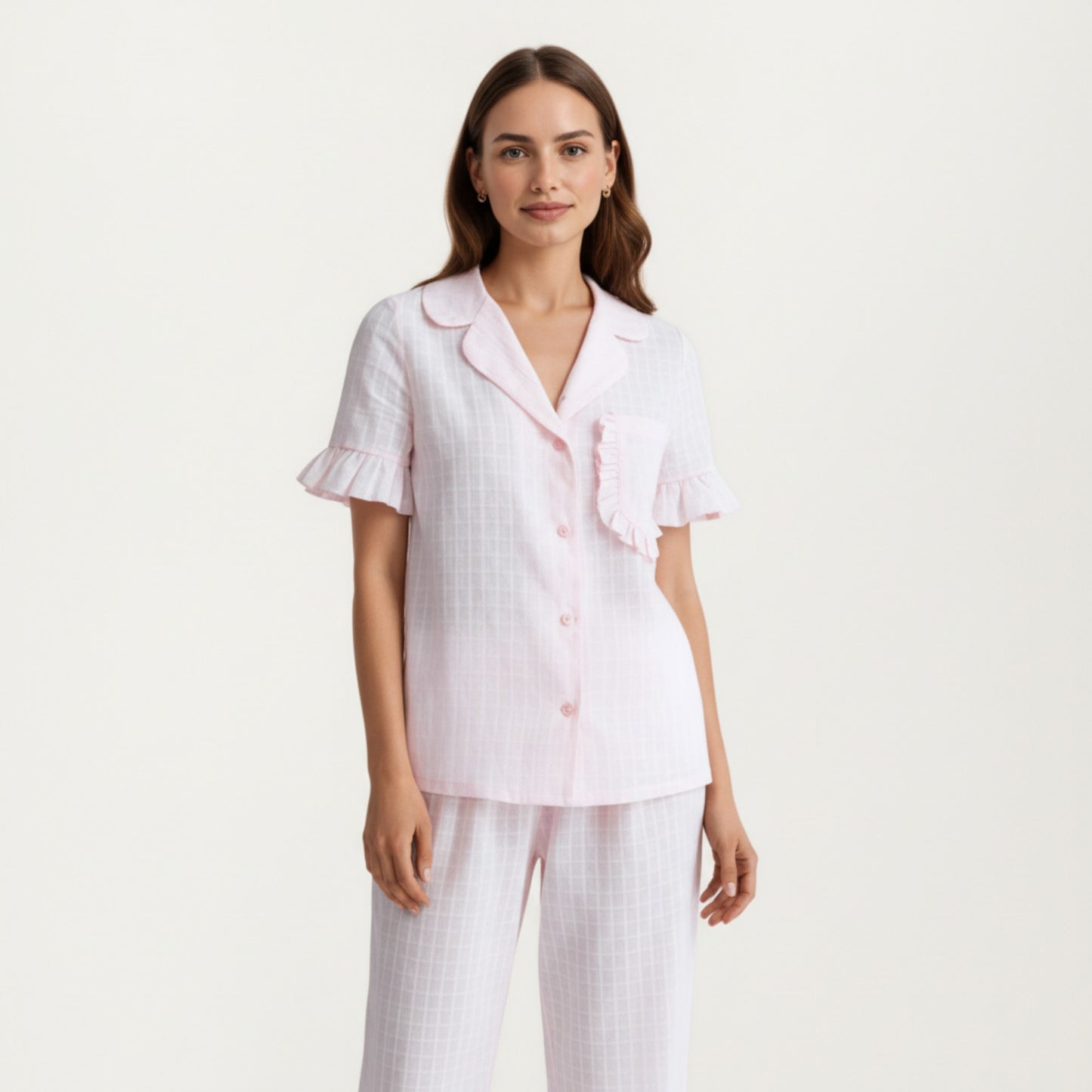2-Pc Pajama Set Button Down Shirt and Pants Short Sleeve Textured Check Printed Ruffle Trim