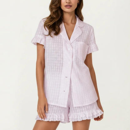 2-Pc Set Button Down Pajama Shirt and Shorts Short Sleeve Textured Check Printed Ruffle Trim