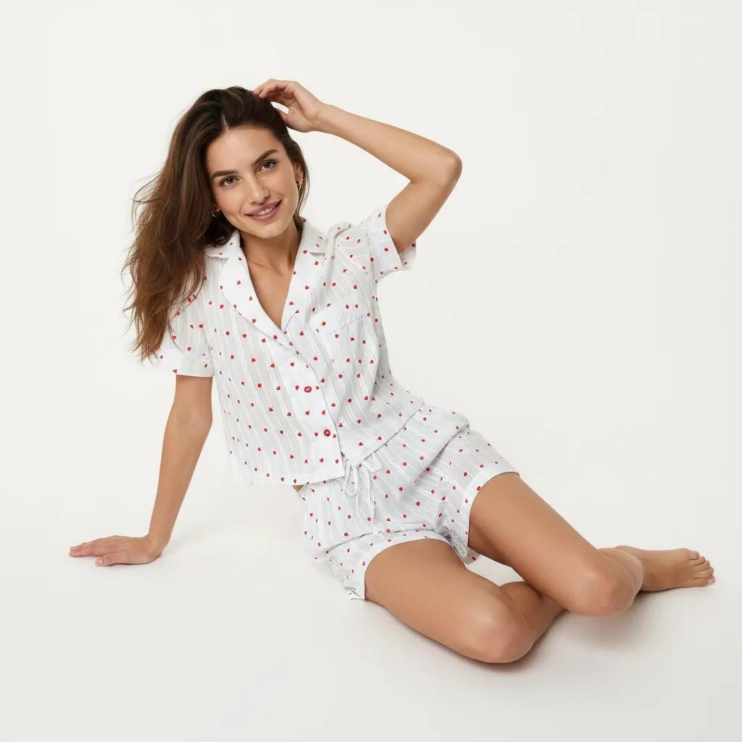 2-Pc Set Button Down Pajama Shirt and Shorts Short Sleeve Heart Printed Lounge Sleepwear Set