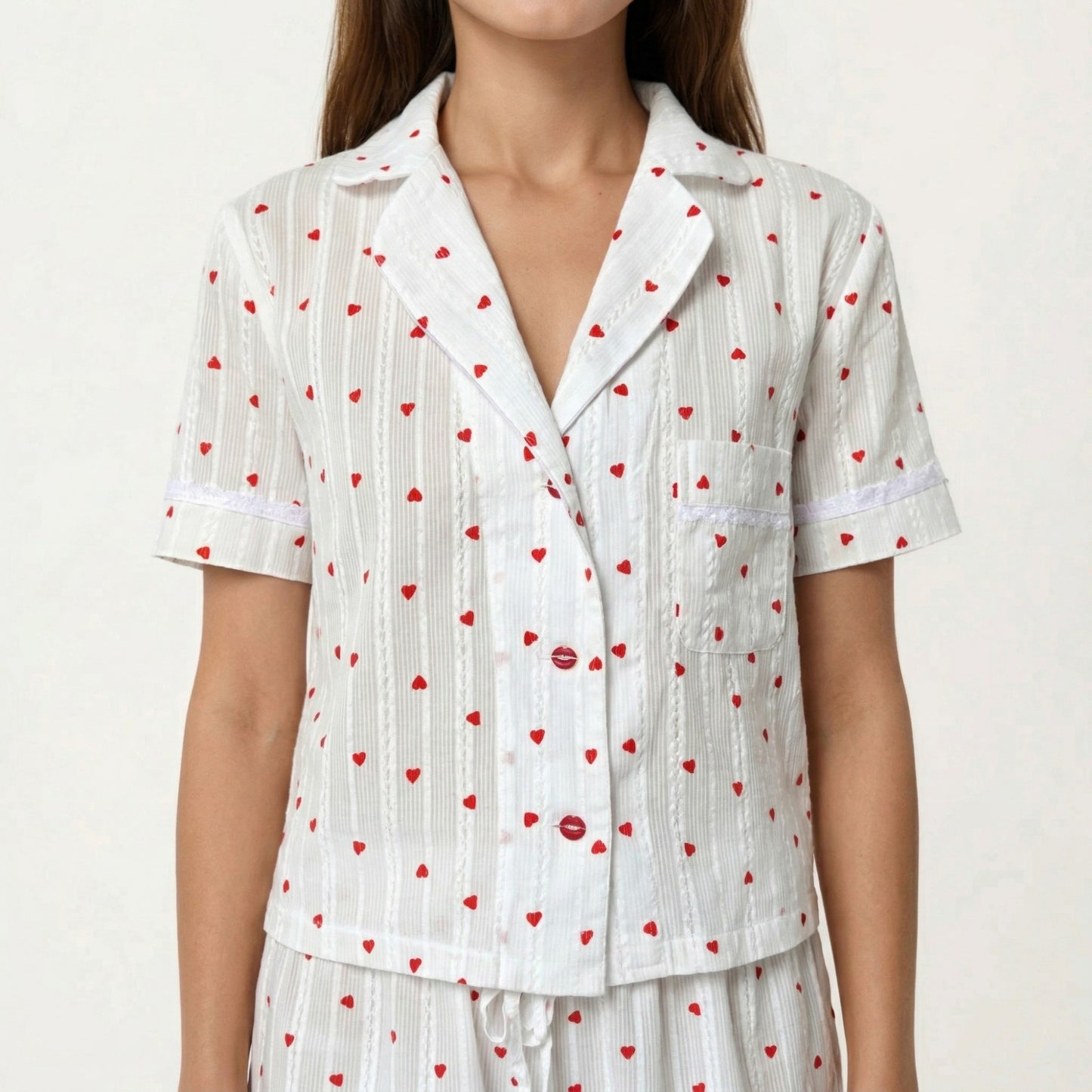 2-Pc Set Button Down Pajama Shirt and Shorts Short Sleeve Heart Printed Lounge Sleepwear Set