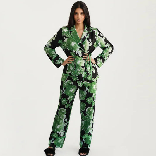 2-Pc Set Button Down Pajama Shirt and Pants Long Sleeve Floral Printed Lounge Sleepwear Set