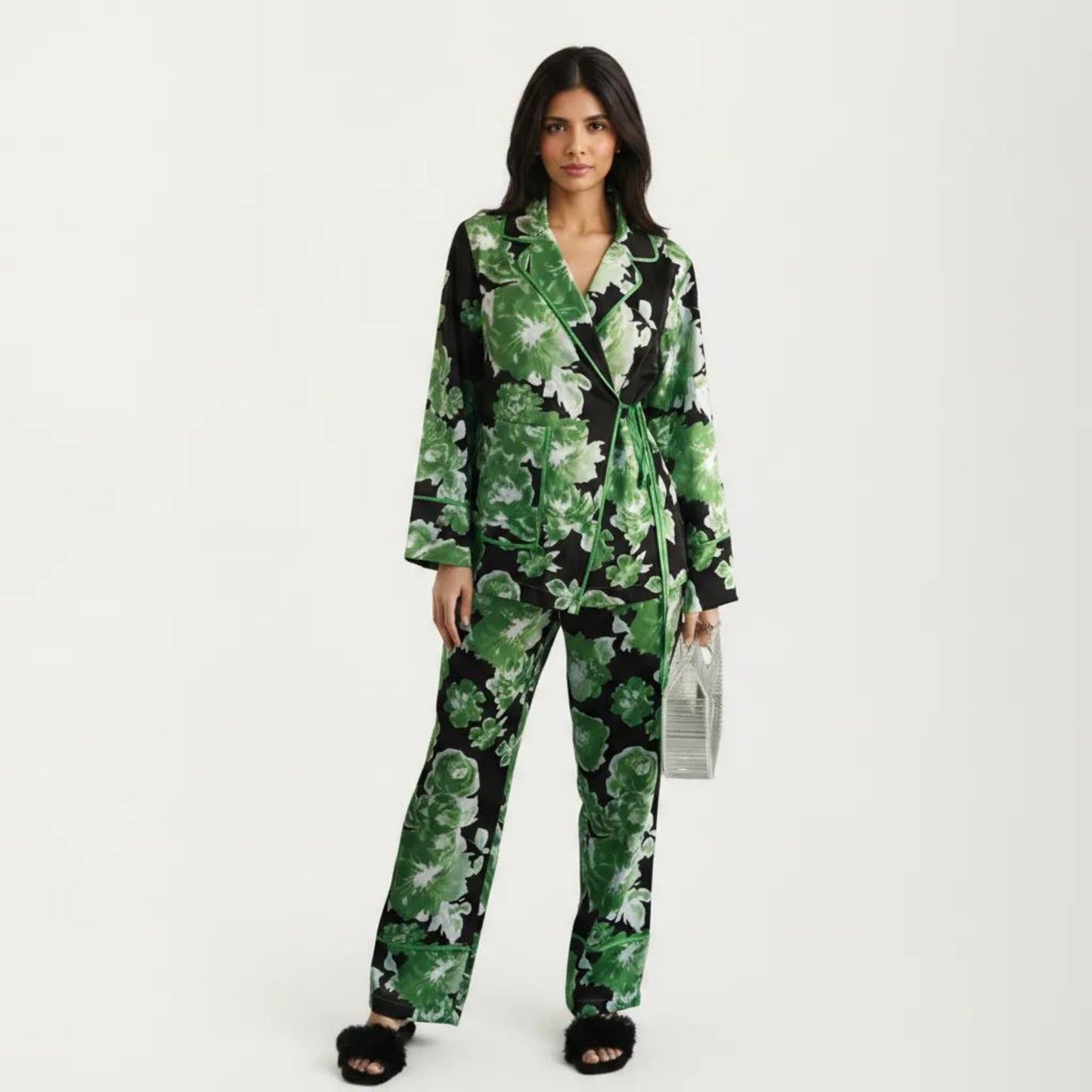 2-Pc Set Button Down Pajama Shirt and Pants Long Sleeve Floral Printed Lounge Sleepwear Set