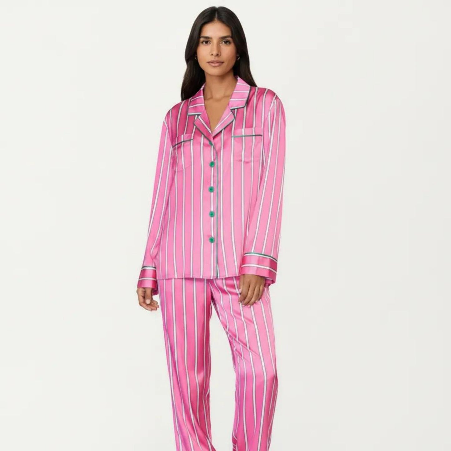 2-Piece Set Button Down Pajama Shirt and Pants Long Sleeve Striped Lounge Sleepwear Set