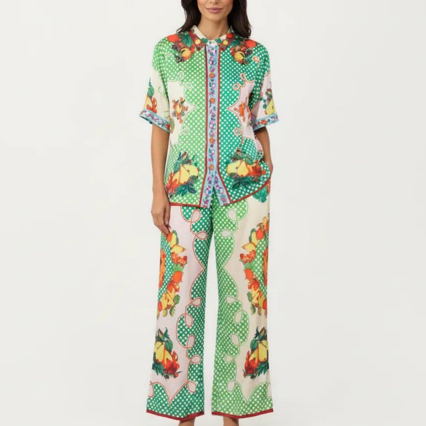 2-Piece Set Button Down Pajama Shirt and Wide Leg Pants Printed Short Sleeve Sleepwear Set