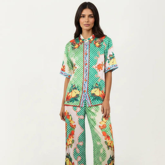 2-Piece Set Button Down Pajama Shirt and Wide Leg Pants Printed Short Sleeve Sleepwear Set