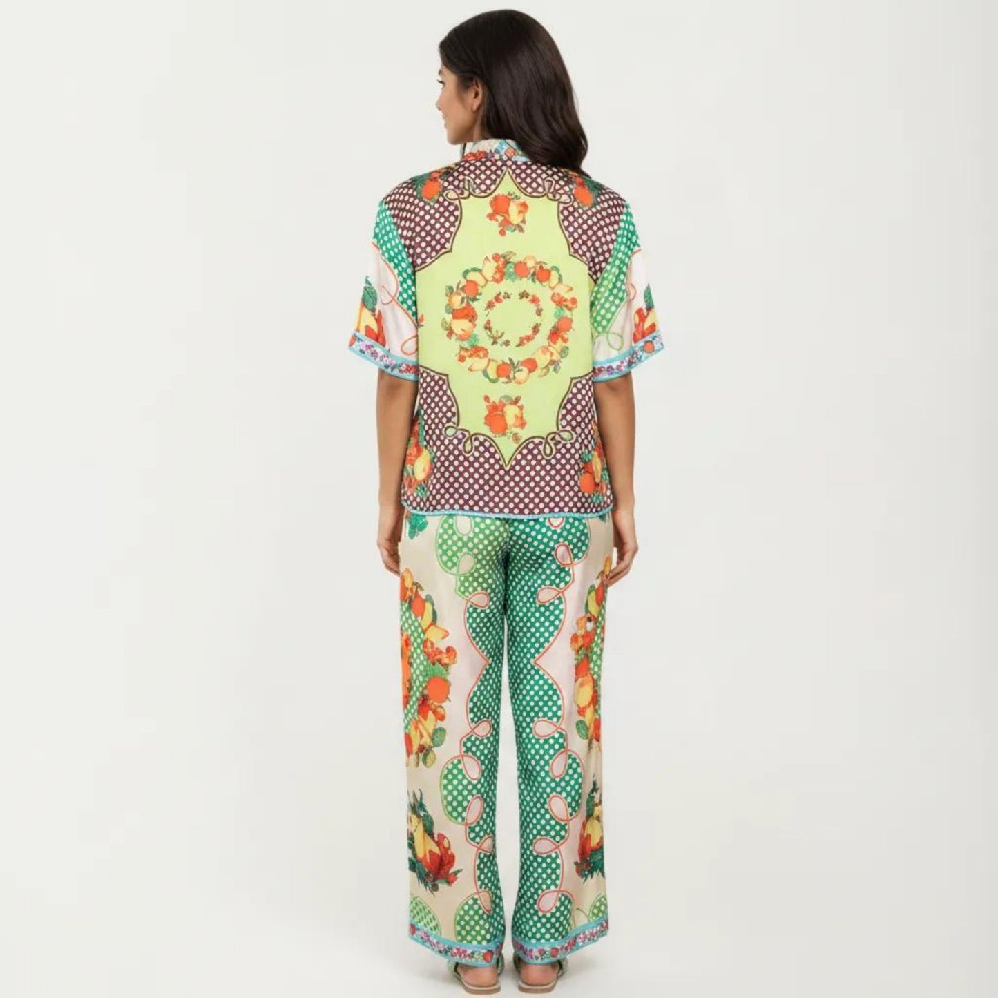 2-Piece Set Button Down Pajama Shirt and Wide Leg Pants Printed Short Sleeve Sleepwear Set