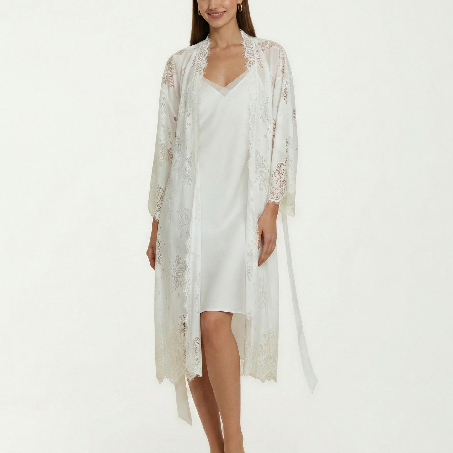 2-Piece Set Smooth Sleepwear Slip Dress with Sheer Lace Long Robe Open Front Nightgown Set