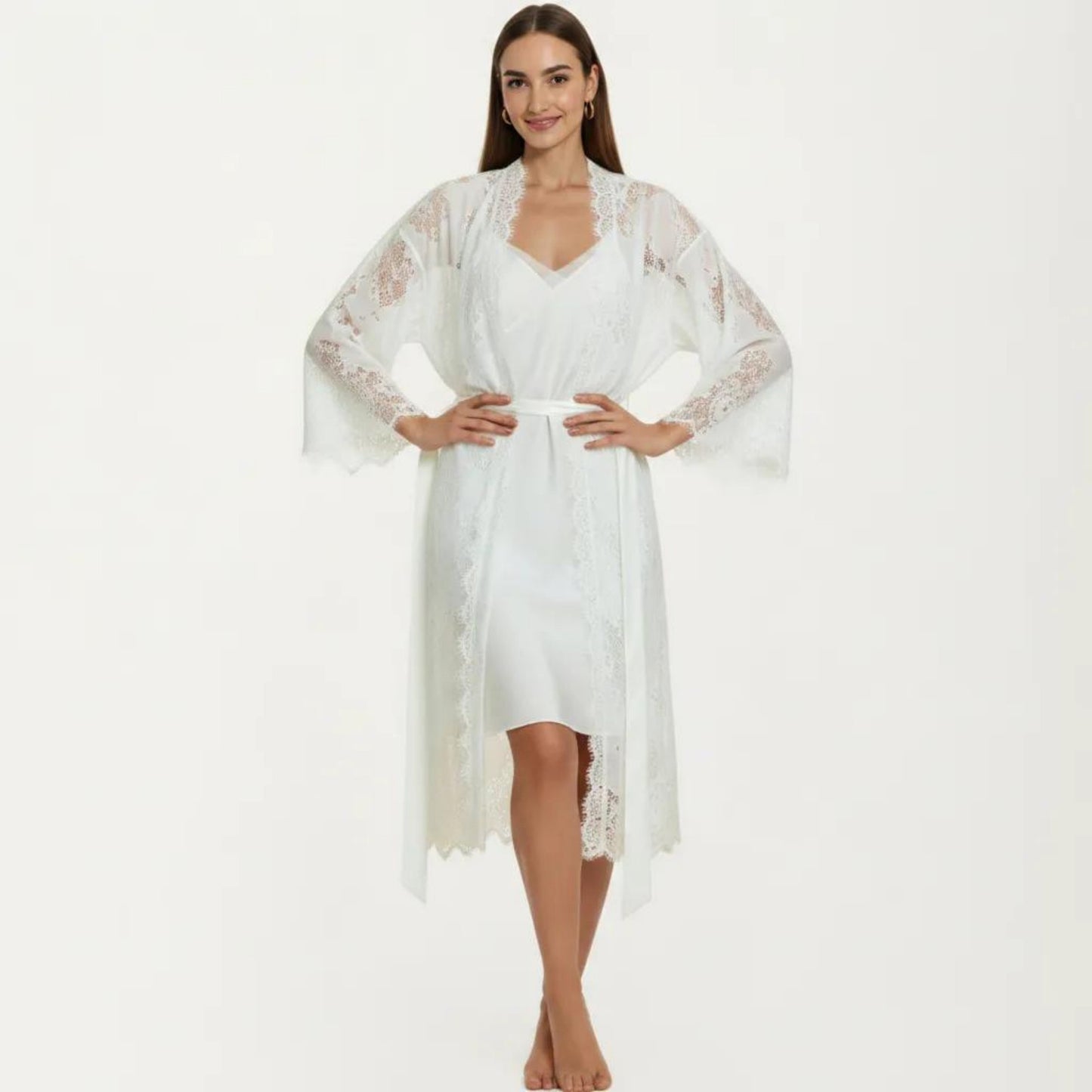2-Piece Set Smooth Sleepwear Slip Dress with Sheer Lace Long Robe Open Front Nightgown Set