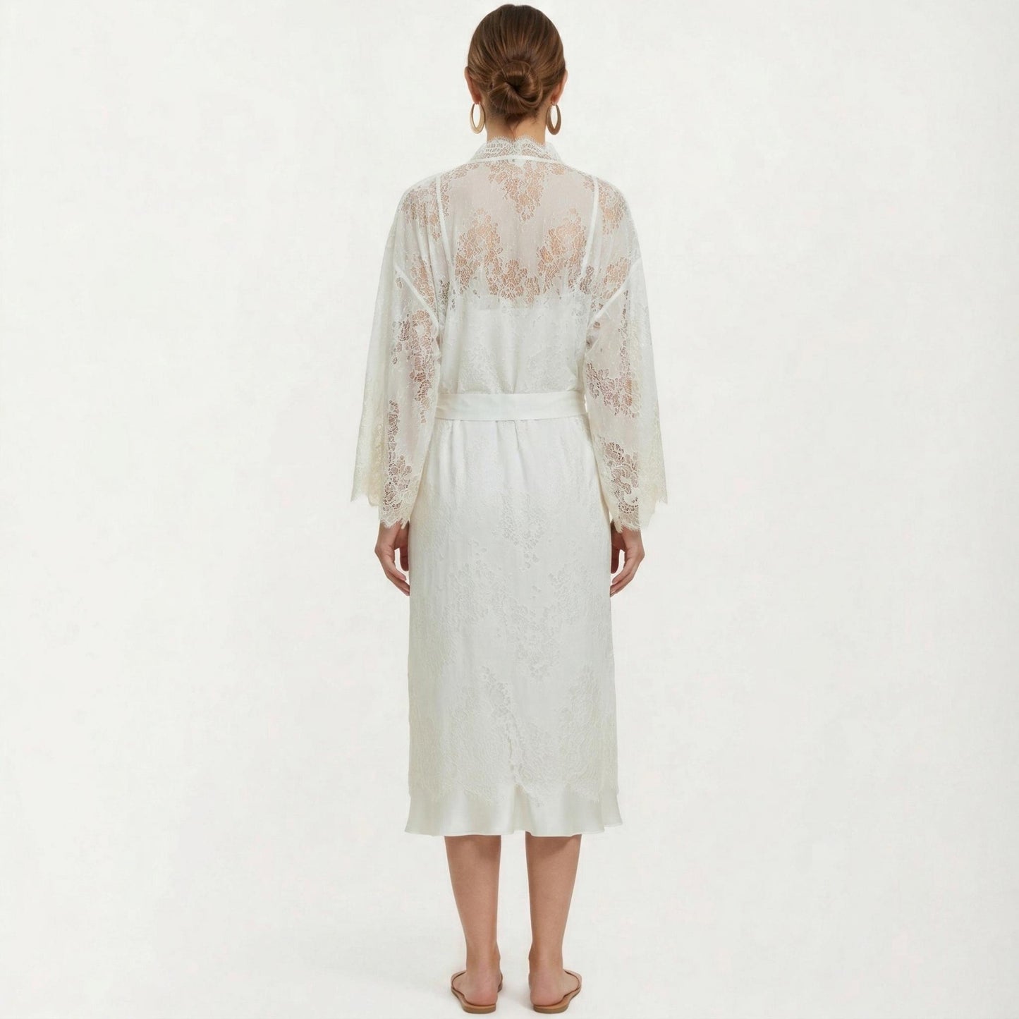 2-Piece Set Smooth Sleepwear Slip Dress with Sheer Lace Long Robe Open Front Nightgown Set