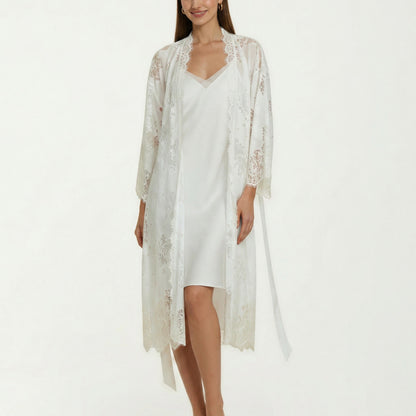 2-Piece Set Smooth Sleepwear Slip Dress with Sheer Lace Long Robe Open Front Nightgown Set