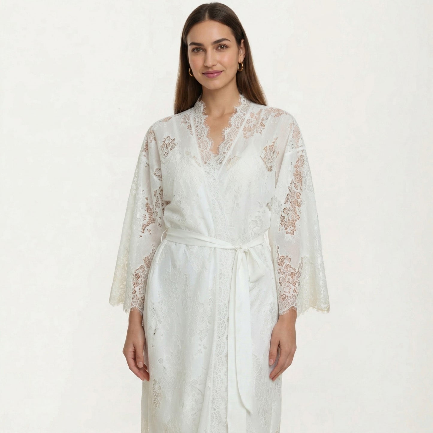 2-Piece Set Smooth Sleepwear Slip Dress with Sheer Lace Long Robe Open Front Nightgown Set