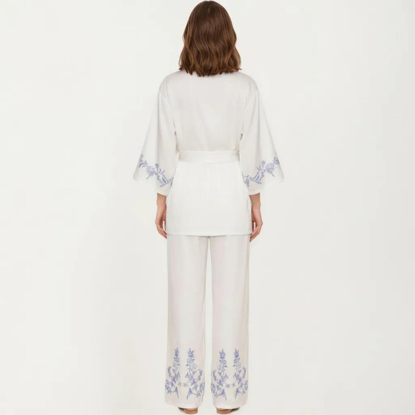 3-Piece Set Pajama Lounge Set with Wrap Tie Robe Long Sleeve Top and Wide Leg Pants