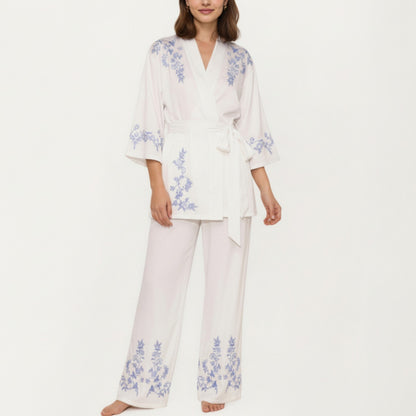 3-Piece Set Pajama Lounge Set with Wrap Tie Robe Long Sleeve Top and Wide Leg Pants
