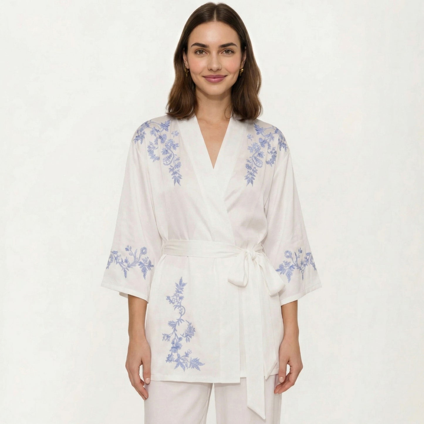 3-Piece Set Pajama Lounge Set with Wrap Tie Robe Long Sleeve Top and Wide Leg Pants