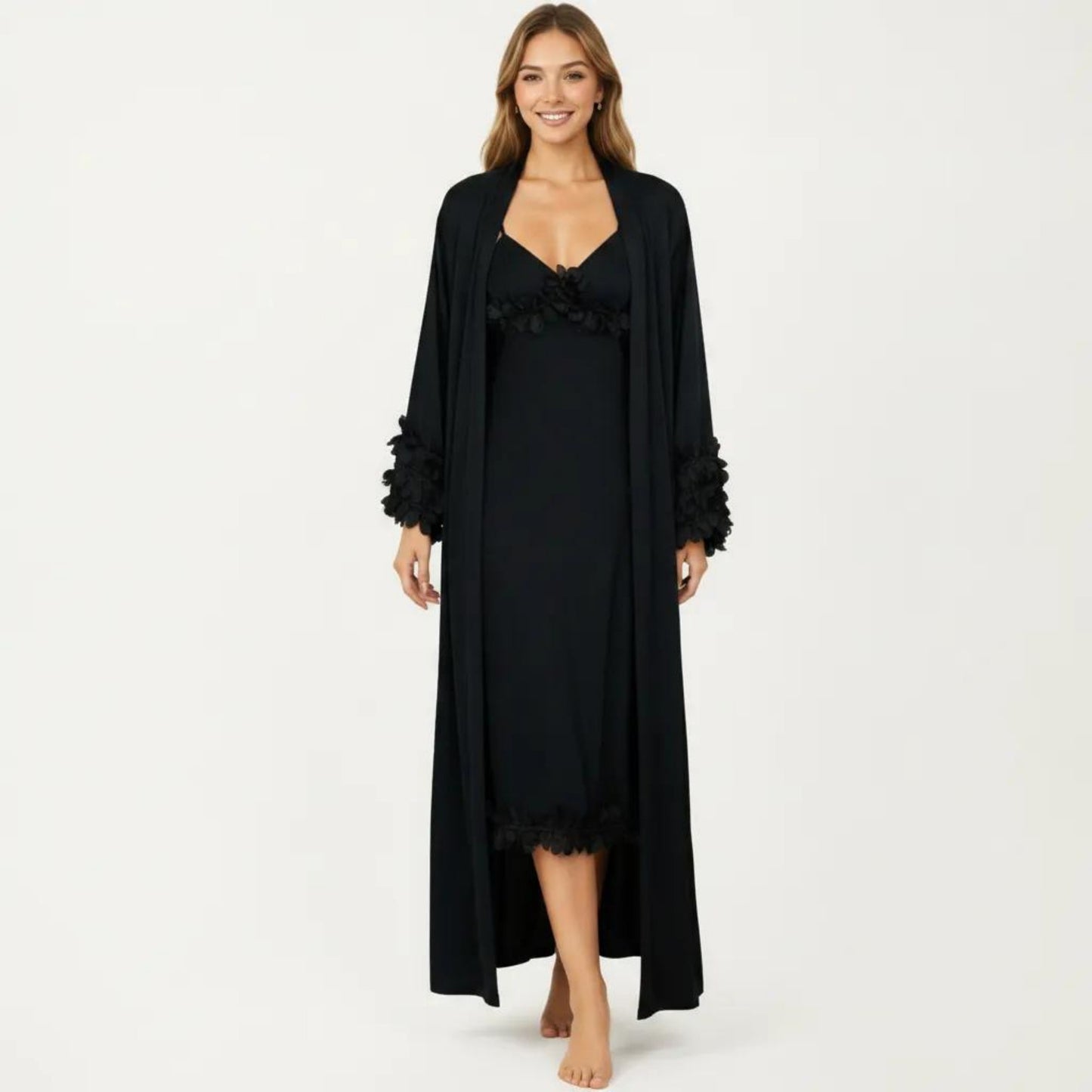 2-Piece Set Smooth Sleepwear Slip Dress with Long Sleeve Open Front Robe Floral Trim