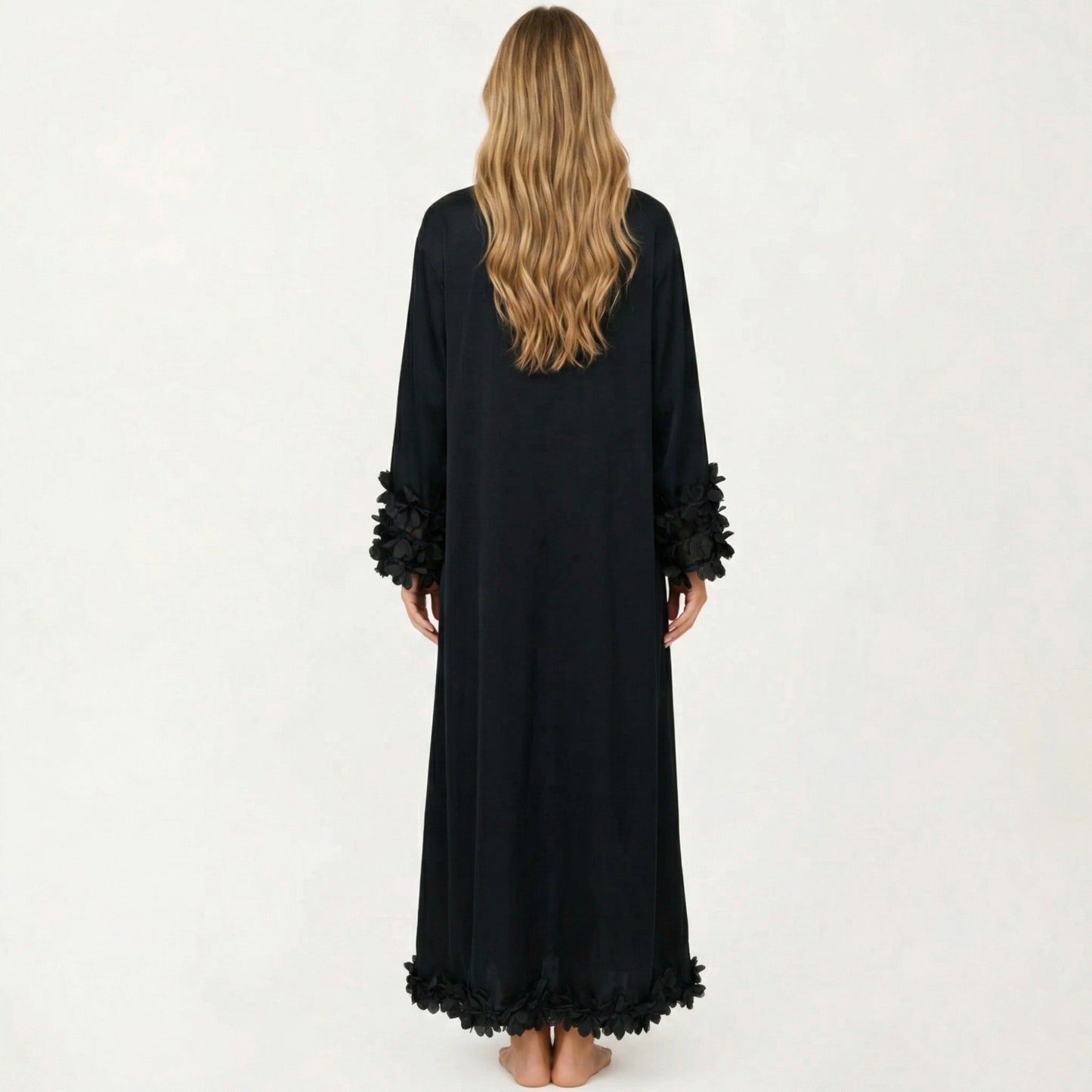 2-Piece Set Smooth Sleepwear Slip Dress with Long Sleeve Open Front Robe Floral Trim
