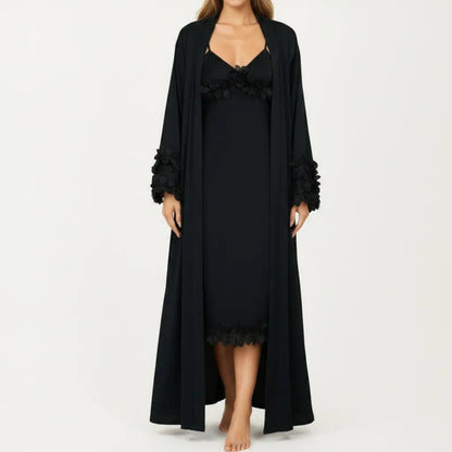 2-Piece Set Smooth Sleepwear Slip Dress with Long Sleeve Open Front Robe Floral Trim