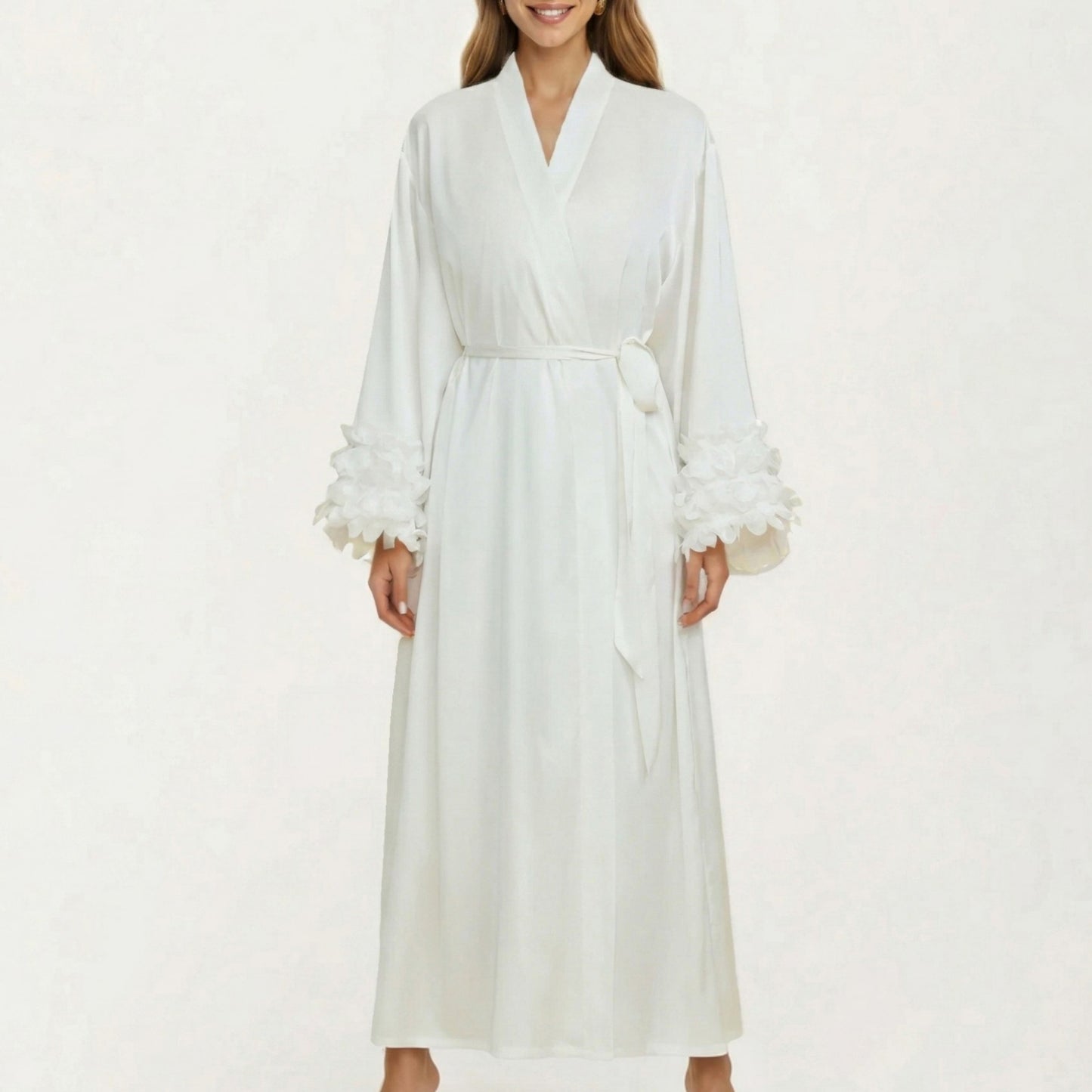 2-Piece Set Smooth Sleepwear Slip Dress with Long Sleeve Open Front Robe Floral Trim