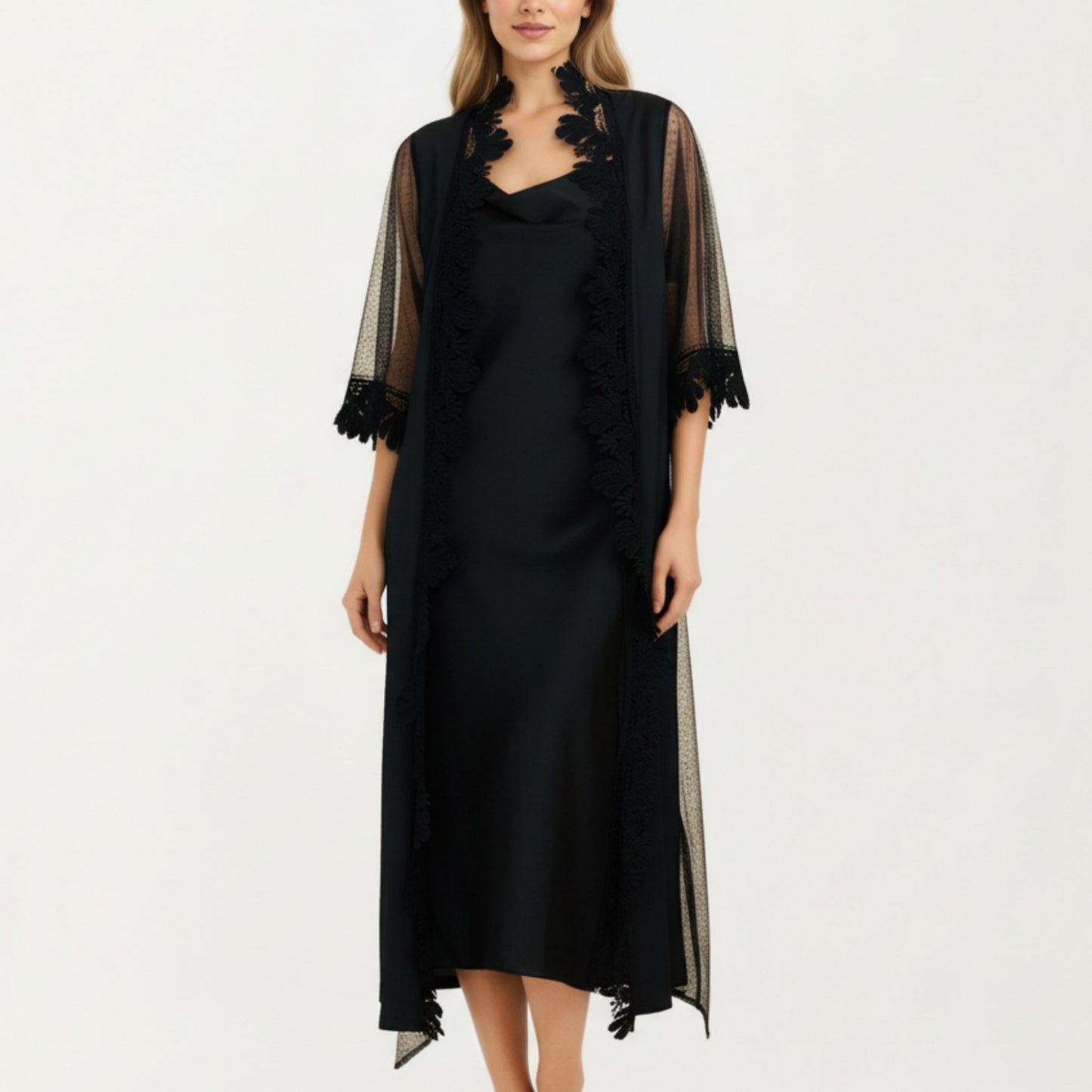 2-Piece Set Smooth Sleepwear Slip Dress with Sheer Lace Trim Robe Lightweight Nightgown Set
