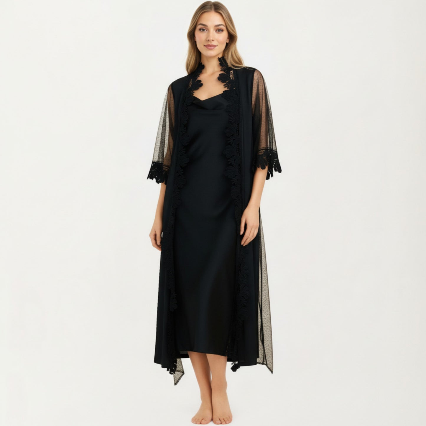 2-Piece Set Smooth Sleepwear Slip Dress with Sheer Lace Trim Robe Lightweight Nightgown Set