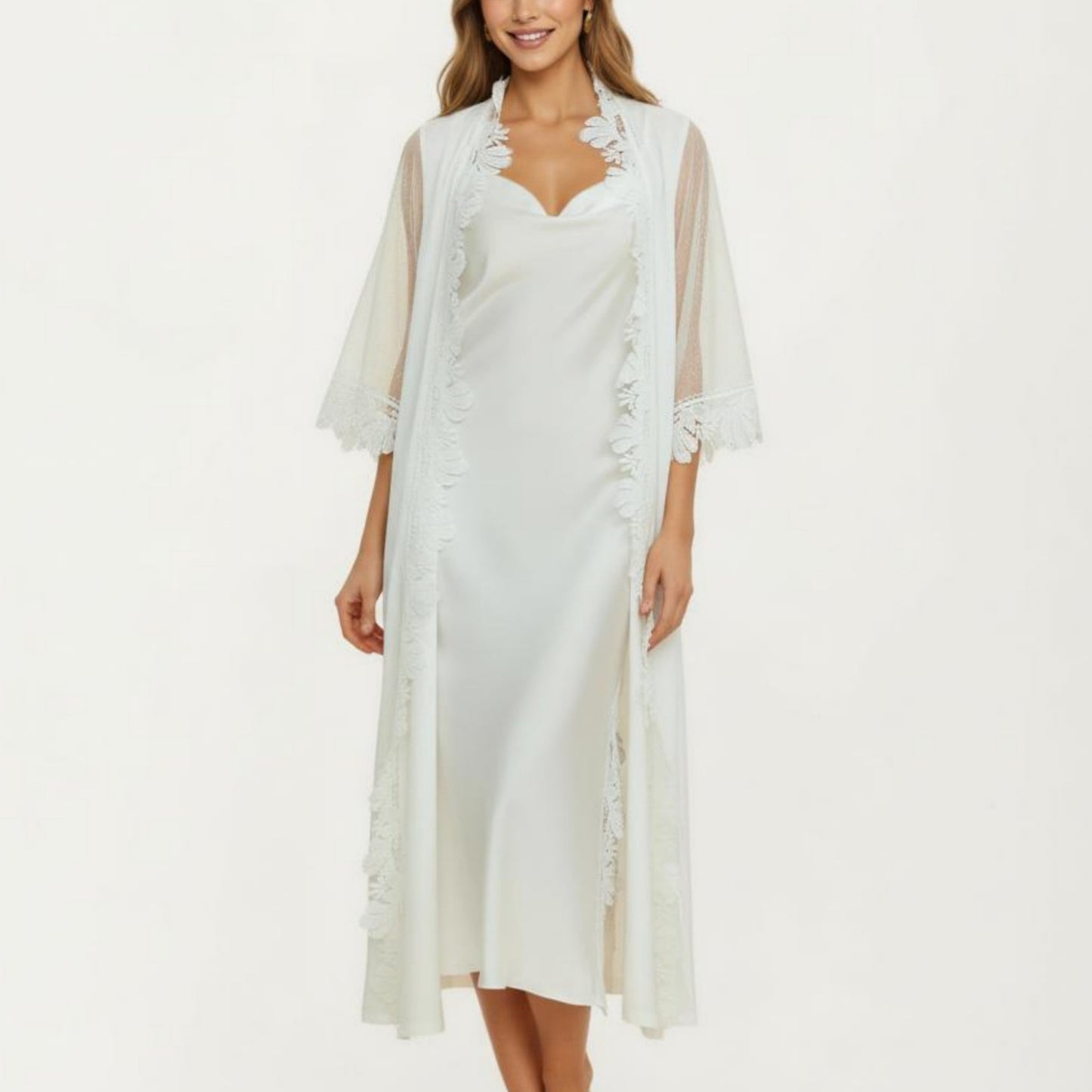 2-Piece Set Smooth Sleepwear Slip Dress with Sheer Lace Trim Robe Lightweight Nightgown Set
