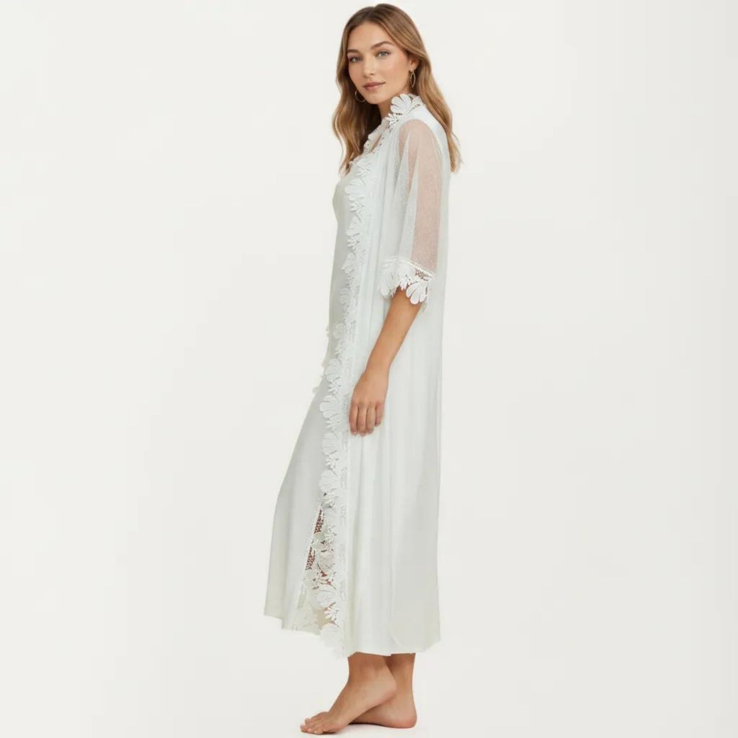 2-Piece Set Smooth Sleepwear Slip Dress with Sheer Lace Trim Robe Lightweight Nightgown Set