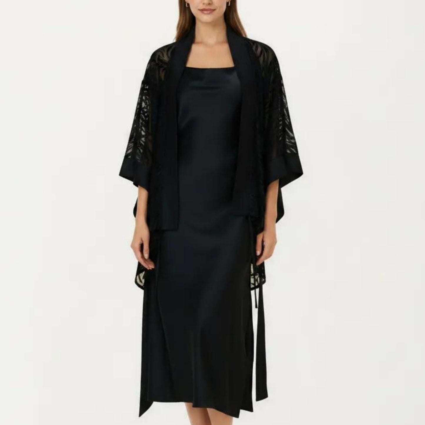 2-Piece Set Smooth Sleepwear Slip Dress with Sheer Lace Robe Lightweight Long Nightgown Set
