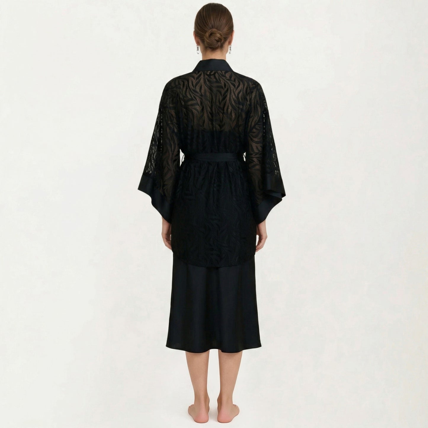 2-Piece Set Smooth Sleepwear Slip Dress with Sheer Lace Robe Lightweight Long Nightgown Set