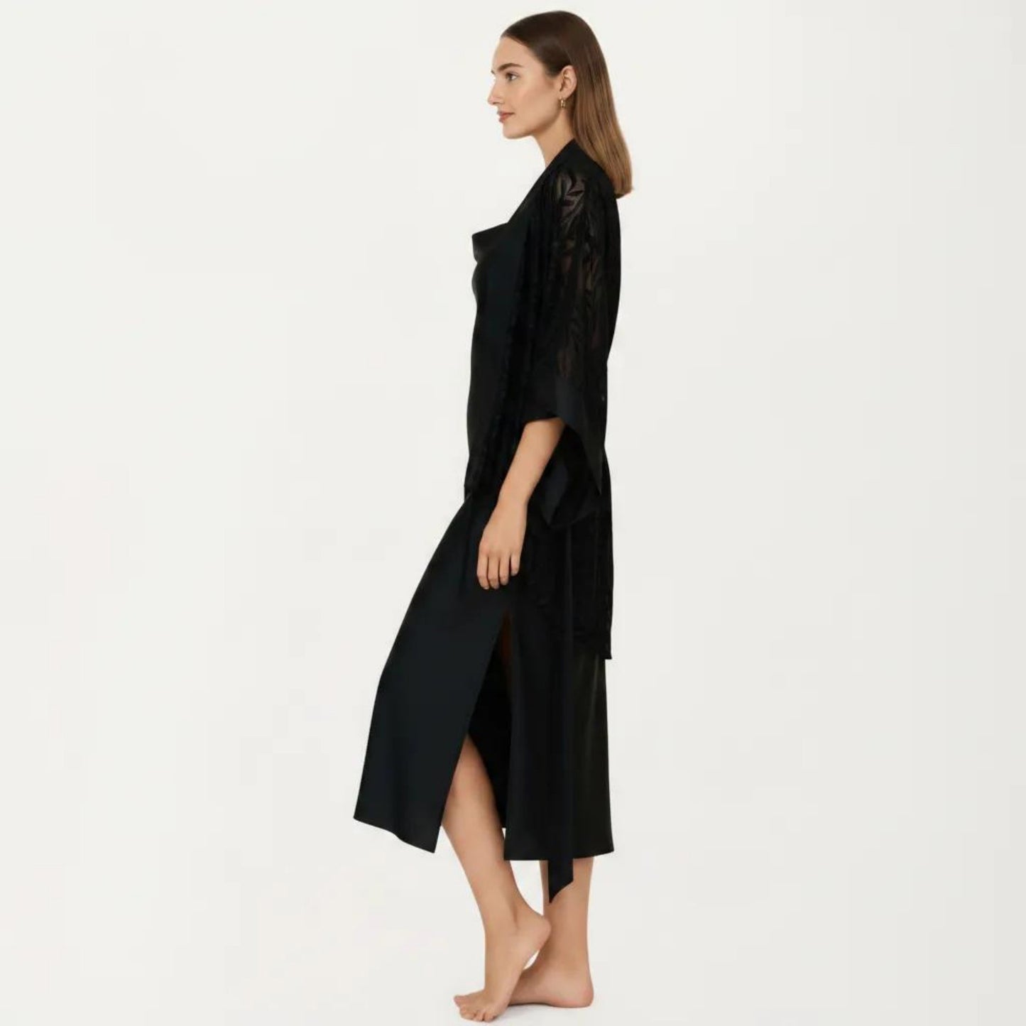 2-Piece Set Smooth Sleepwear Slip Dress with Sheer Lace Robe Lightweight Long Nightgown Set
