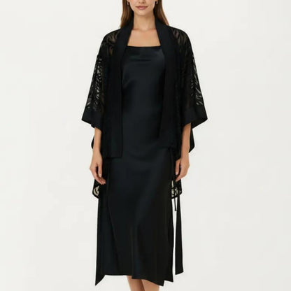 2-Piece Set Smooth Sleepwear Slip Dress with Sheer Lace Robe Lightweight Long Nightgown Set