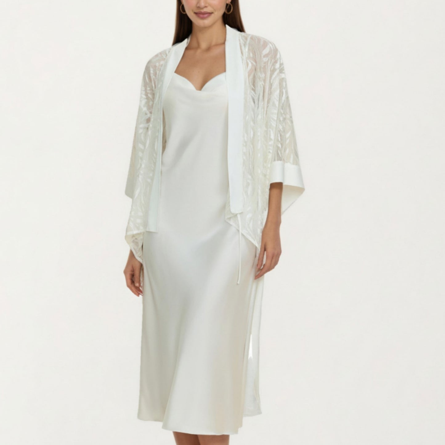 2-Piece Set Smooth Sleepwear Slip Dress with Sheer Lace Robe Lightweight Long Nightgown Set