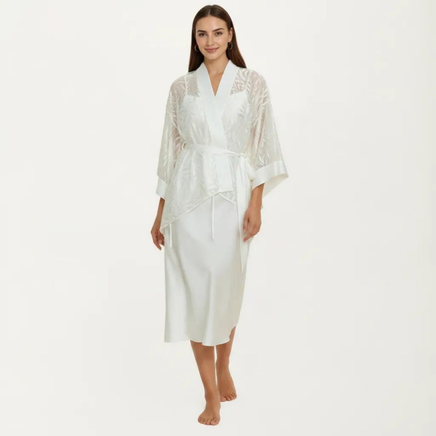 2-Piece Set Smooth Sleepwear Slip Dress with Sheer Lace Robe Lightweight Long Nightgown Set