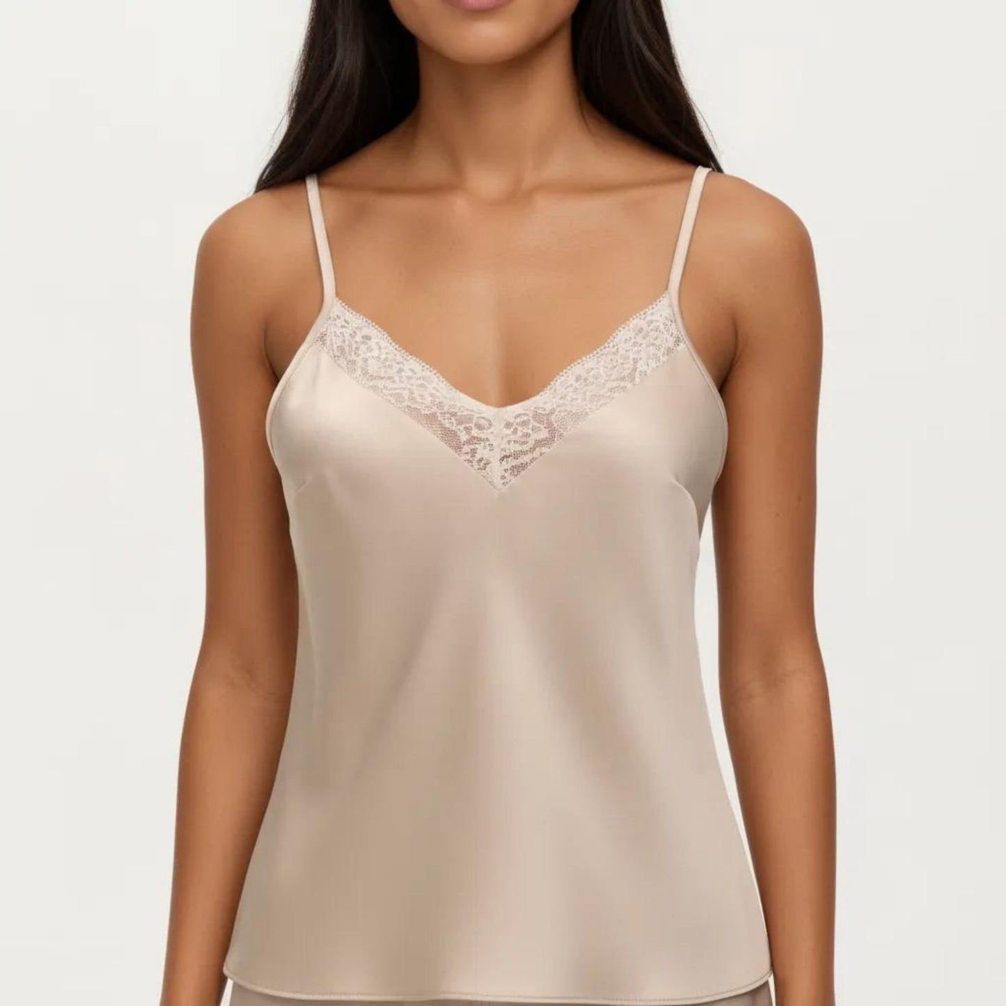 2-Piece Set Smooth Pajama Camisole Top and Shorts with Lace Trim Adjustable Straps