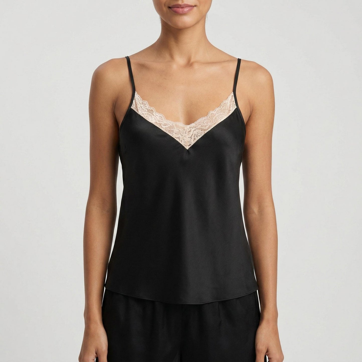 2-Piece Set Smooth Pajama Camisole Top and Shorts with Lace Trim Adjustable Straps