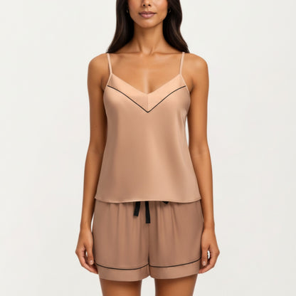 2-Piece Set Smooth Pajama Camisole Top and Shorts with Contrast Trim Drawstring Waist