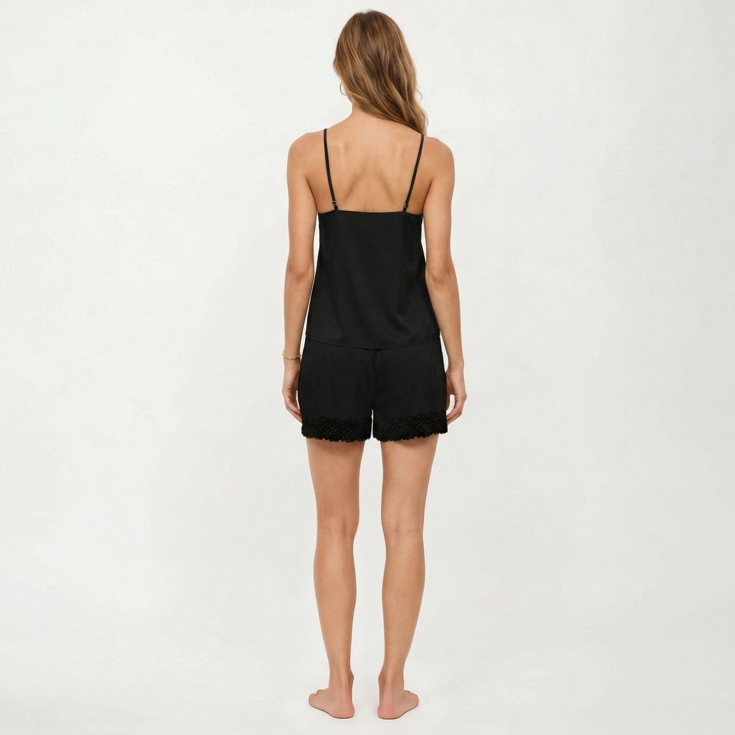 2-Piece Set Smooth Pajama Camisole Top and Shorts with Lace Trim Button Front